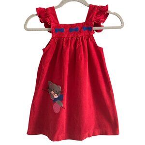 VTG A La Mode Red Corduroy Jumper Dress Blue Bows Gray Cat Embroidered Patch 6X